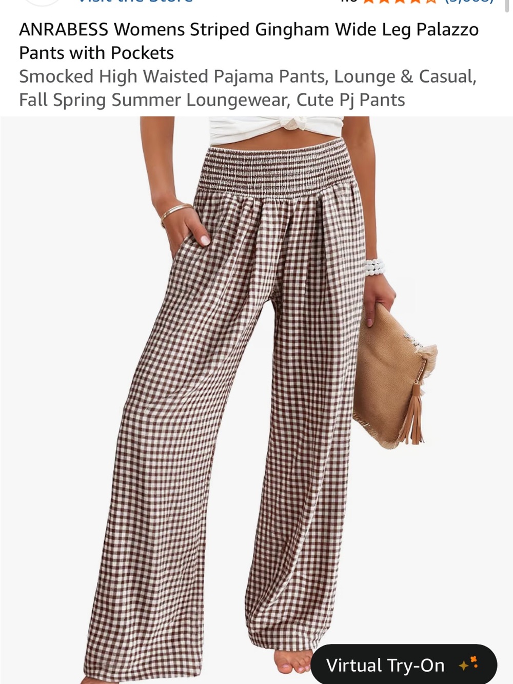 NEW WITH TAGS Smocked High-Waist Brown Gingham Wide-Leg Palazzo Pants